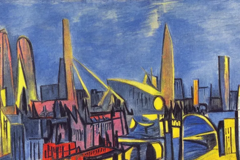 Prompt: color sketch of the london skyline, highly detailed, dramatic lighting, intense shadows, rich deep colours, by pablo picasso