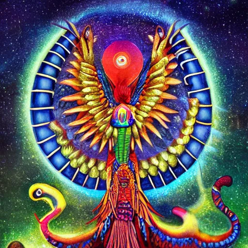 Image similar to quetzalcoatl creating the universe, style by par olofsson