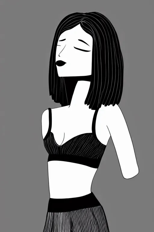 Image similar to portrait of a girl in long pants and a top, hands in pockets, eyes closed, bob haircut, digital art, black and white, lineart