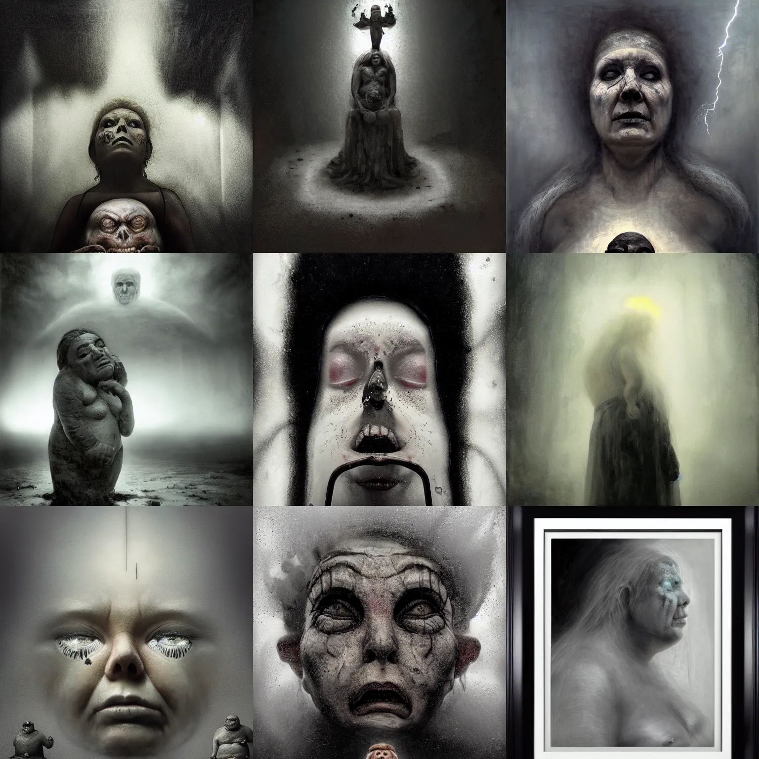 Image similar to portrait of big old sumoringer as despair from sandman, in a white cloudy void with empty framesfloating around her, venus of willendorf, by jeremy mann, by gregory crewdson, by bastien lecouffe deharme, sad face, black hair, mourning, white room, soft lightning, high detailed, 8 k