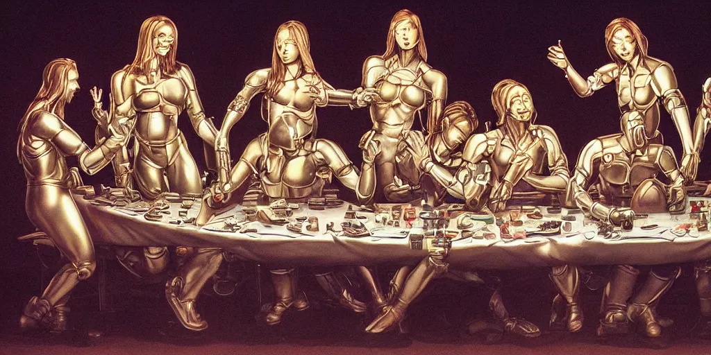 Prompt: !5 diverse cyborgs on !one_side of a reflective !cybernetic table, !!posing_as_last_supper, inticrate detailed glowing implants, !!highly detailed, beautiful lighting