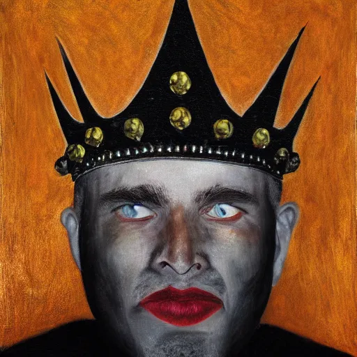 Image similar to man with a crown, smirk, photograph, black backgrounds, glowing red eyes, oil painting