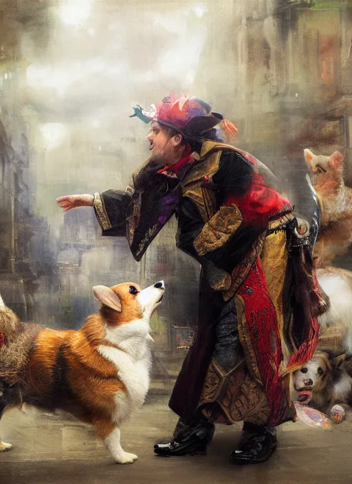 Prompt: beautiful fantasy painting of corgi magician blessing human, by Ruan Jia, Edwin Henry Landseer, Jake Parker. Trending on Artstation, 8k, masterpiece, graffiti paint, fine detail, full of color, intricate detail