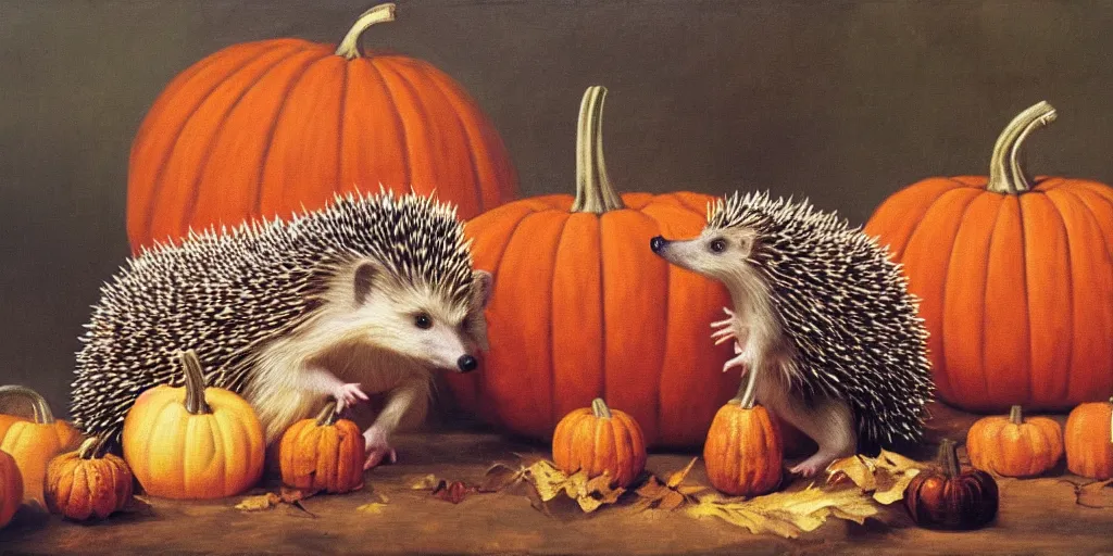 Image similar to a hedgehog and a pumpkin, renaissance oil painting, 8 k resolution