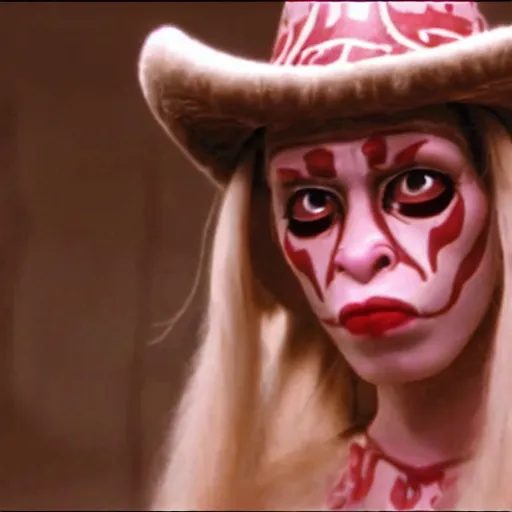 Image similar to film still of jar jar binks as a female cowgirl, long eyeslashes, big juicy lips, big seductive eyes