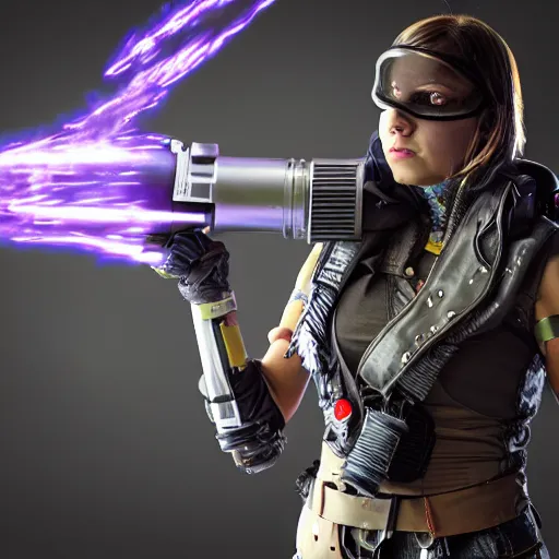 Image similar to photo of a female cyberpunk warrior with jetpack and flamethrower