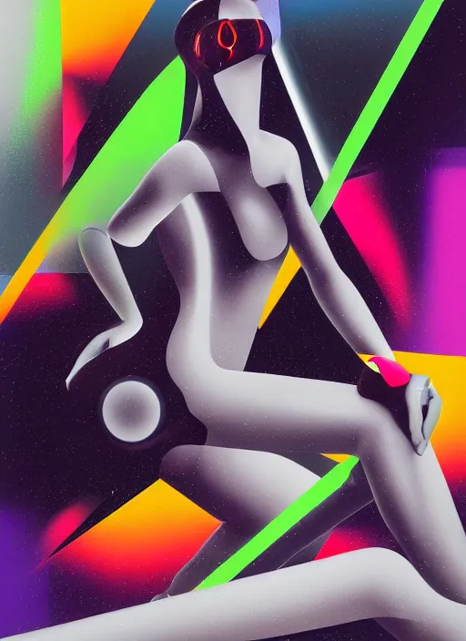 Image similar to futuristic lasers tracing, data visualization, laserpunk fullbodysuit,, pyramid visor, raindrops, wet, oiled, beautiful cyborg girl pinup, by steven meisel, kaws, rolf armstrong, cubist perfect geometry abstract acrylic, hyperrealism photorealistic airbrush collage painting, monochrome, neon fluorescent colors, minimalist rule of thirds, eighties eros