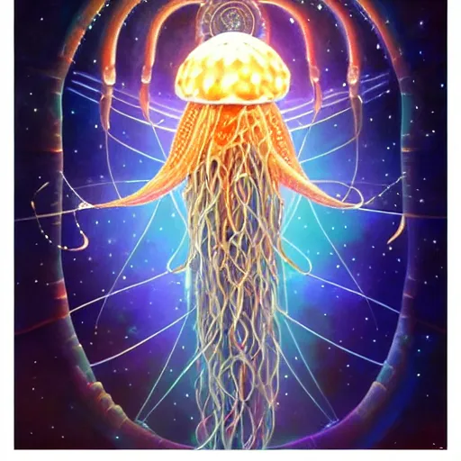 Image similar to powerful stern god of jellyfish metaverse made of ancient magic technology, galactic nebular astral realm sacred journey in oil painting, trending on artstation, award winning, emotional, highly detailed surrealist art