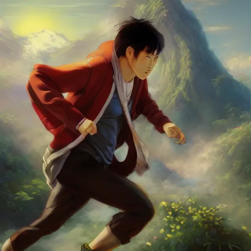 Image similar to portrait of a taiwanese man running, an oil painting by ross tran and thomas kincade, studio ghibli
