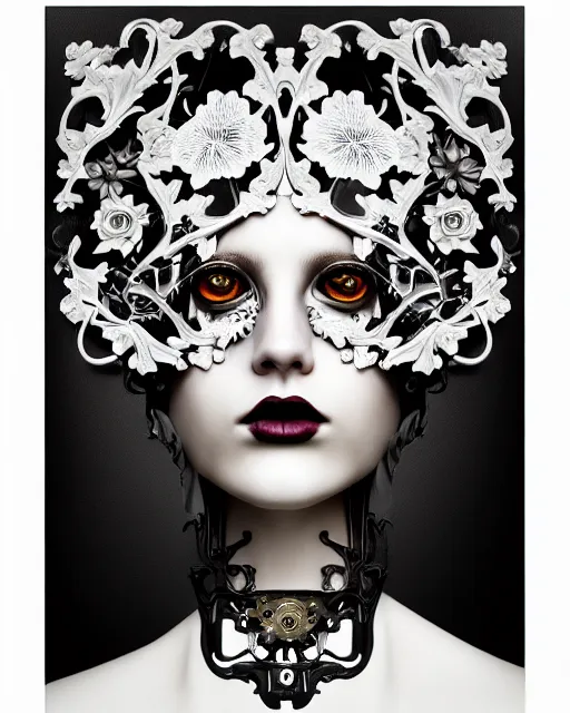 Image similar to monochrome profile portrait painting, dutch masters, silver lace floral steampunk biomechanical beautiful young female cyborg with one techno eye, monocular, volumetric light, leaves foliage and stems, hibiscus flowers, alexander mcqueen, rim light, big gothic fashion pearl embroidered collar, 8 k