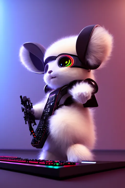 Image similar to high quality 3 d render very cute fluffy cyborg!! mouse plays keyboard, cyberpunk highly detailed, unreal engine cinematic smooth, in the style of blade runner & detective pikachu, hannah yata charlie immer, moody light, low angle, uhd 8 k, sharp focus