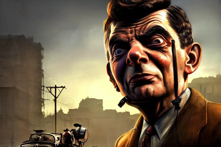 Image similar to fallout 5, detective mr bean as protagonist, face closeup, atmospheric lighting, painted, intricate, volumetric lighting, beautiful, daytime, winter, clear weather, mutated wildlife, sharp focus, deep colours, ultra detailed, art by william turner