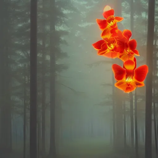 Prompt: a fiery orchid in a misty forest, light colors, digital art,