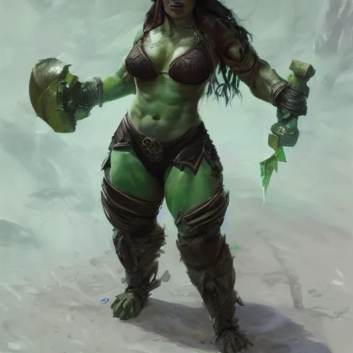 Prompt: a full body portrait of a toned physique green orc woman with a ponytail in full plate armor, by greg rutkowski, wlop, astri lohne, trending on artstation