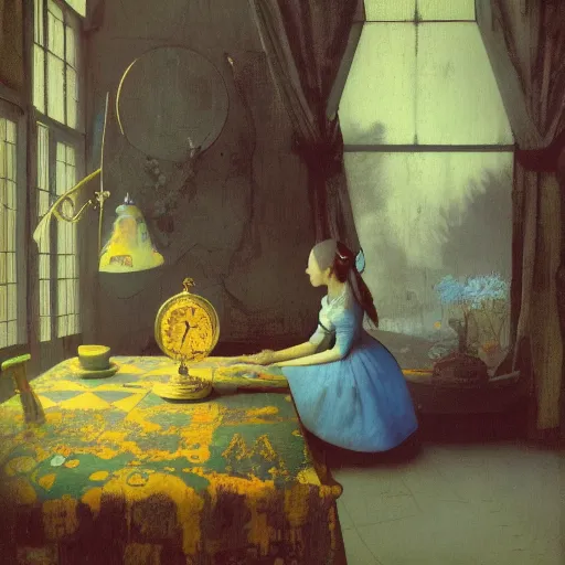 Image similar to alice in wonderland illustrated by johannes vermeer, greg rutkowski, gaston bussiere, van gogh, davinci, and zdzisław beksinski, award - winning, cgsociety contest winner