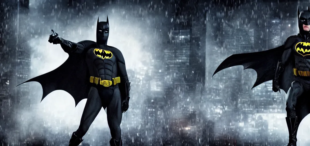 Image similar to Old Michael Keaton Batman fighting in modern Gotham city movie, 4K