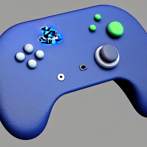 Image similar to Dark Blue Nintendo Switch controller that looks like the iOS emoji and has the same colors, 3D clay render, 4k UHD, light blue background, isometric top down left view, diffuse lighting, zoomed out very far