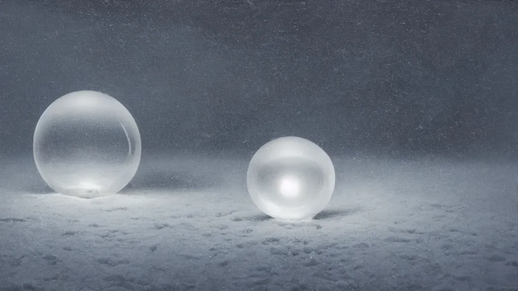 Prompt: a surreal dreamlike scene of transparent spheres floating over a barren snowy landscape, somber melancholic matte painting, highly detailed oil painting, liminal space, 8k, stillness, solitude, icy cold pale silent atmosphere, masterpiece