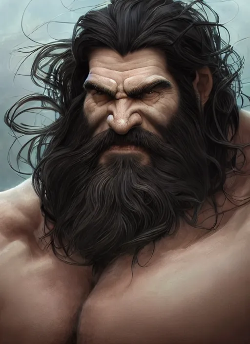Prompt: portrait of a hulky herculean well groomed orc with flowing long deep black hair, epic beard, style of god of war, swarm of sand, intricate, elegant, highly detailed, digital painting, artstation, concept art, smooth, sharp focus, illustration, art by artgerm and greg rutkowski and alphonse mucha, 8 k