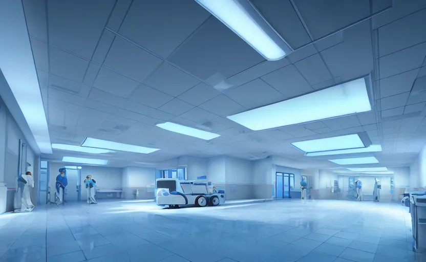 Image similar to a hospital with soft blue lights in the roof, octane render, artstation trending, highly detailded