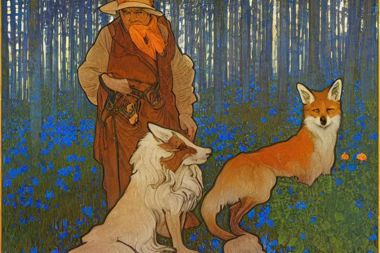 Image similar to landscape art nouveau painting of an old man dressed as a farmer and his fox in the forest, by alphonse mucha and gustav klimt and antoni gaudi, masterpiece,, warm shades of blue, silver, orange, gold, and pink, oil painting, high resolution, very detailed, oil on canvas