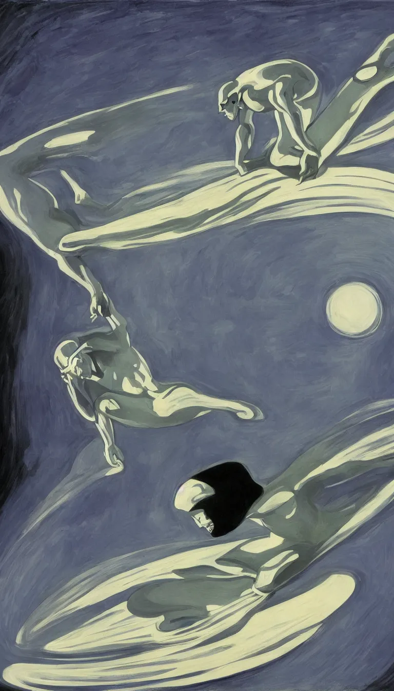 Image similar to silver surfer in space by edward hopper