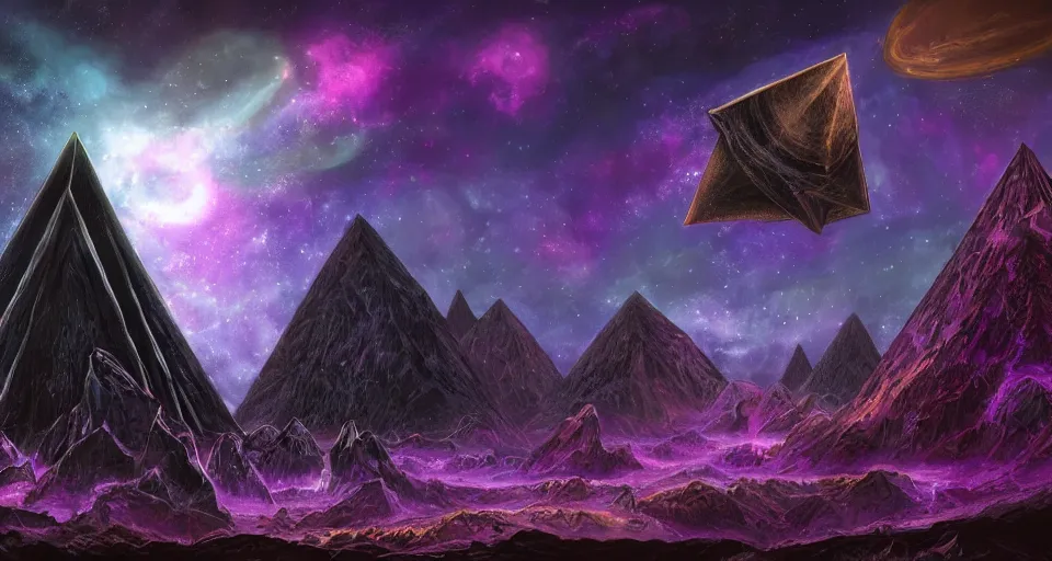 Image similar to black lovecraftian eldritch!! obsidian pyramid!! surrounded by black desert, cosmic purple space!, bright stars, nebula, sky background by eugene von guerard, ivan shishkin, night, cosmic brightly purple space stars, concept art, trending on artstation, 8 k