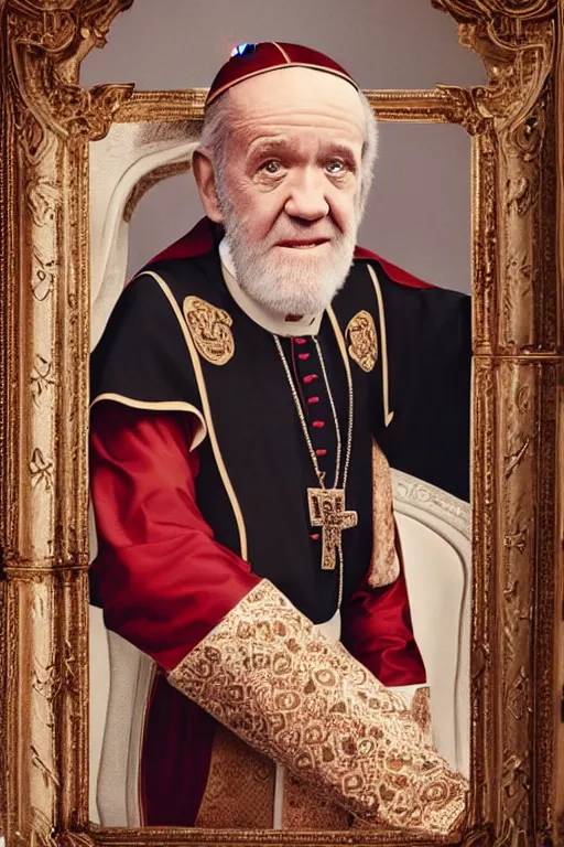 Image similar to dolce & gabbana campaign featuring george carlin as the pope, unprocessed colors, # nofilter, shot by annie leibovitz, realistic vfx simulation