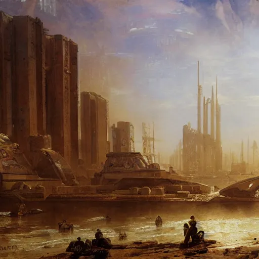 Image similar to painting of a scifi ancient civilzation, brutalist architecture, andreas achenbach