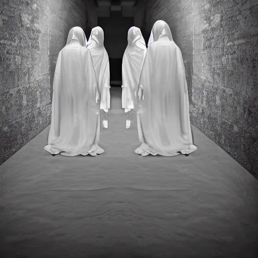 Image similar to nightmare vision, long depth of field. black and white, award winning photo of smiling levitating twin nuns, wearing translucent sheet, Mary in a sanctuary, mirror hallways, eerie, tall columns, frightening —width 1024 —height 1024