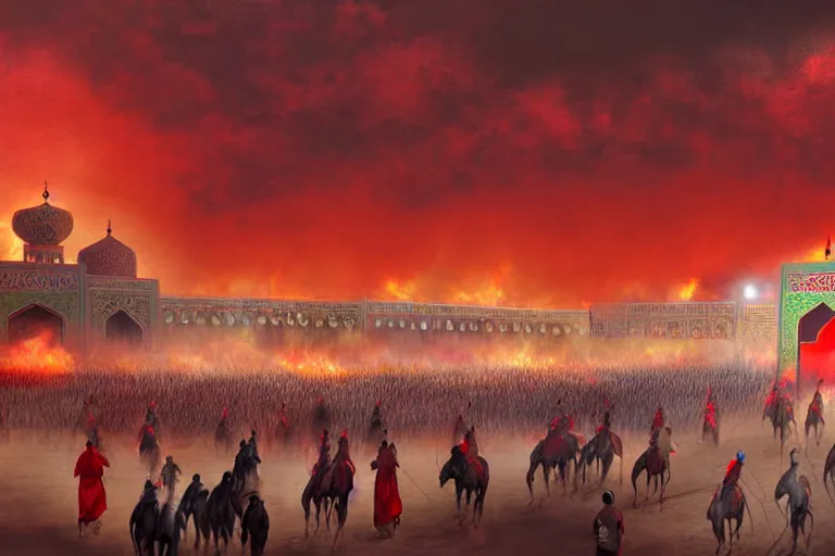 Image similar to karbala battle field, imam hussain, horses and people panicked, red cloudy sky, tents on fire, women running away, photo realistic painting