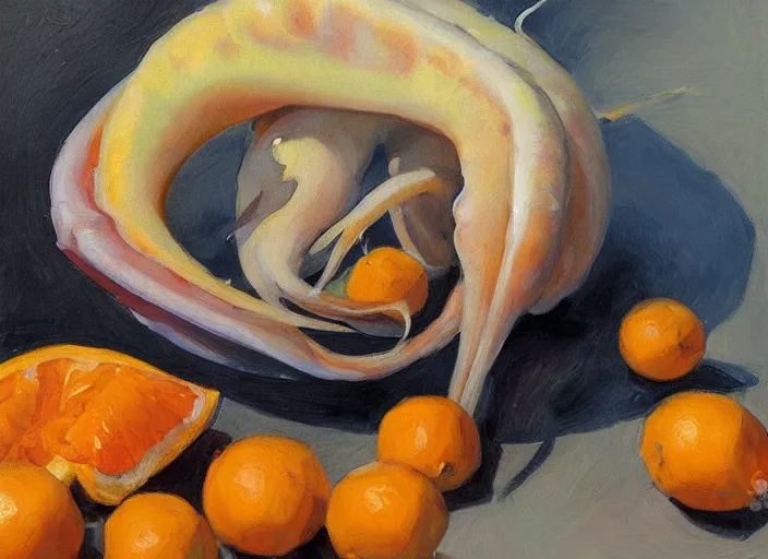 Image similar to “ a highly detailed beautiful portrait of a squid peeling an orange, by gregory manchess, james gurney, james jean ”