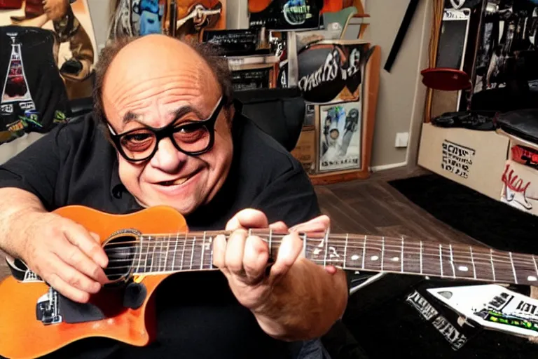 Image similar to danny devito on the cover of guitar hero