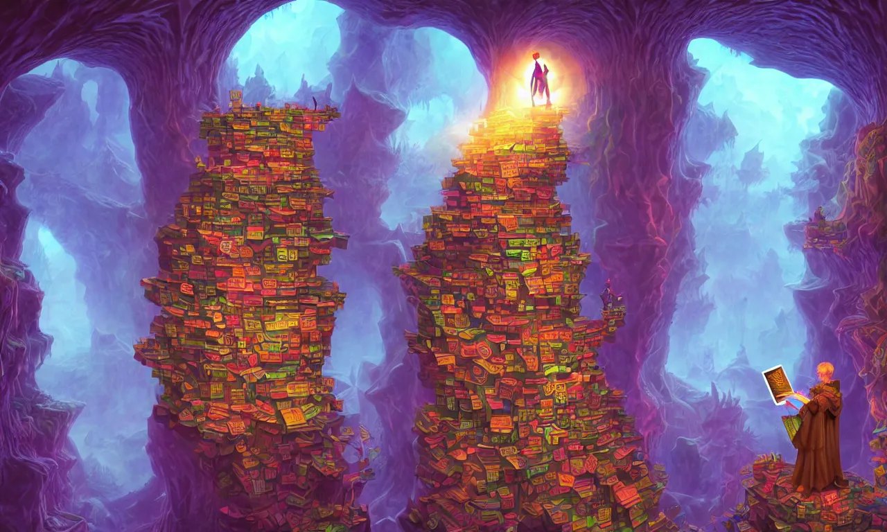 Image similar to large kerberos realm, wizard issues ticket close up, reading a directory, colorful ravine, 3 d art, digital illustration, perfect lighting