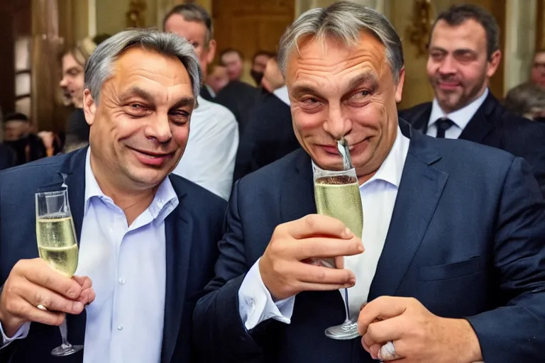 Prompt: viktor orban drinking champagne with putin