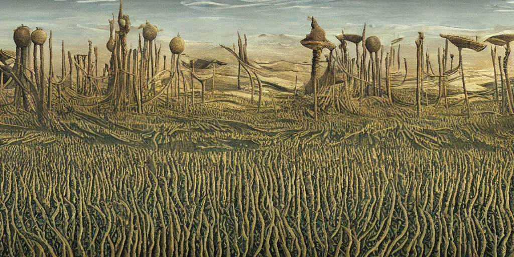 Image similar to Artwork of the Cinematic view of a diatoms forest by Giorgio de Chirico, Trending on artstation