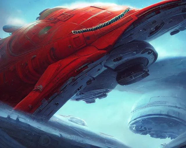 Image similar to legendary red space ship, tortoise shape, snow planet, alien technology, cinematic, highly detailed, large blue engines, scifi, intricate digital painting, interesting angle, gigantic landing pad, scifi base, artstation, by johnson ting, jama jurabaev