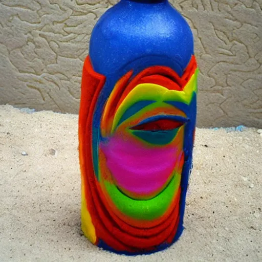 Prompt: Liminal space in outer space as puppets, sand art bottle