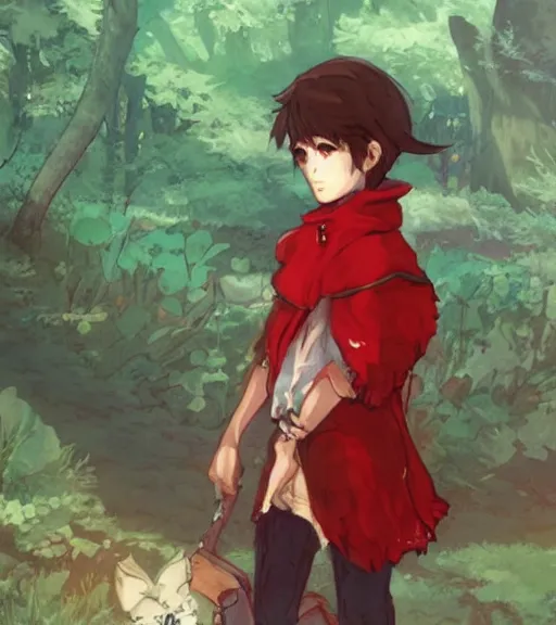 Prompt: attractive little boy character inspired in little red riding hood and venti from genshi impact, digital artwork made by akihiko yoshida and makoto shinkai
