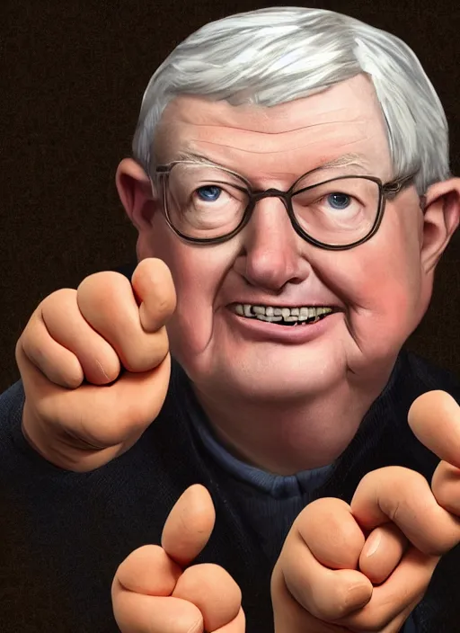 Prompt: A hyper realistic ultra realistic photograph of Roger Ebert with ten thumbs on each hand by Brandon Hughes, detailed, photorealistic imagery, 8k quality