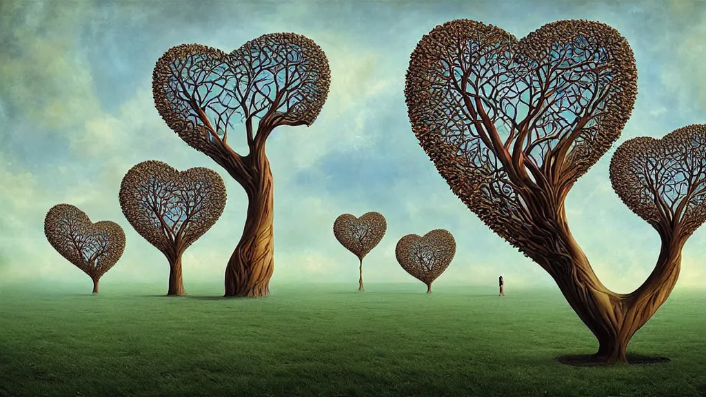 Image similar to surreal landscape, surrealism, fibonacci, heart shaped trees, symmetrical, esao andrews, victor enrich, dali