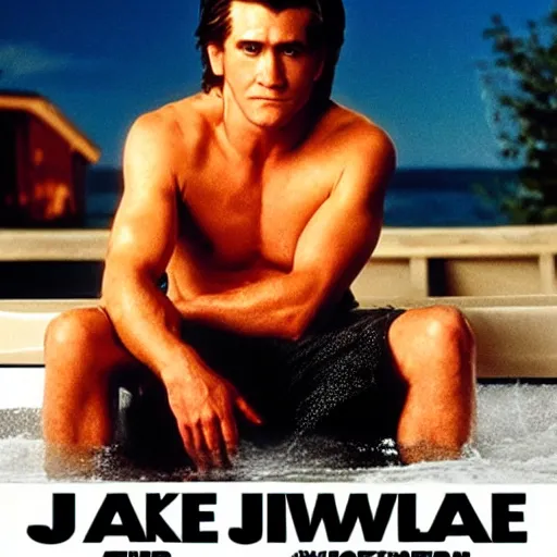 Image similar to a movie poster of Jake Gyllenhaal as patrick Swayze sitting in a hot tub in the movie Road House