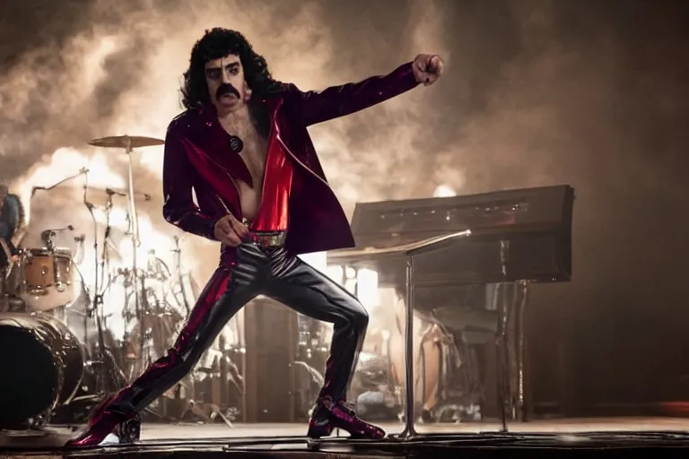 Prompt: promotional image of Sacha Baron Cohen as Freddie Mercury in 'Bohemian Rhapsody' (2018) directed by Dexter Fletcher, detailed face, movie still frame, promotional image, imax 70 mm footage