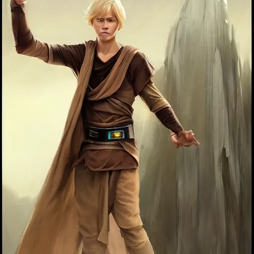 Image similar to a young blonde male jedi with short hair looking away at a threat full body shot concept art by Doug Chiang cinematic concept art, realistic painting, high definition, digital art, matte painting, symmetrical, very detailed, realistic, dramatic lighting, cinematic, establishing shot, extremely high detail, photo realistic, cinematic lighting, post processed, concept art, artstation, matte painting, red color scheme