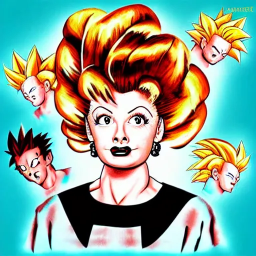 Image similar to portrait of lucille ball in the style of dragon ball z, super saiyain