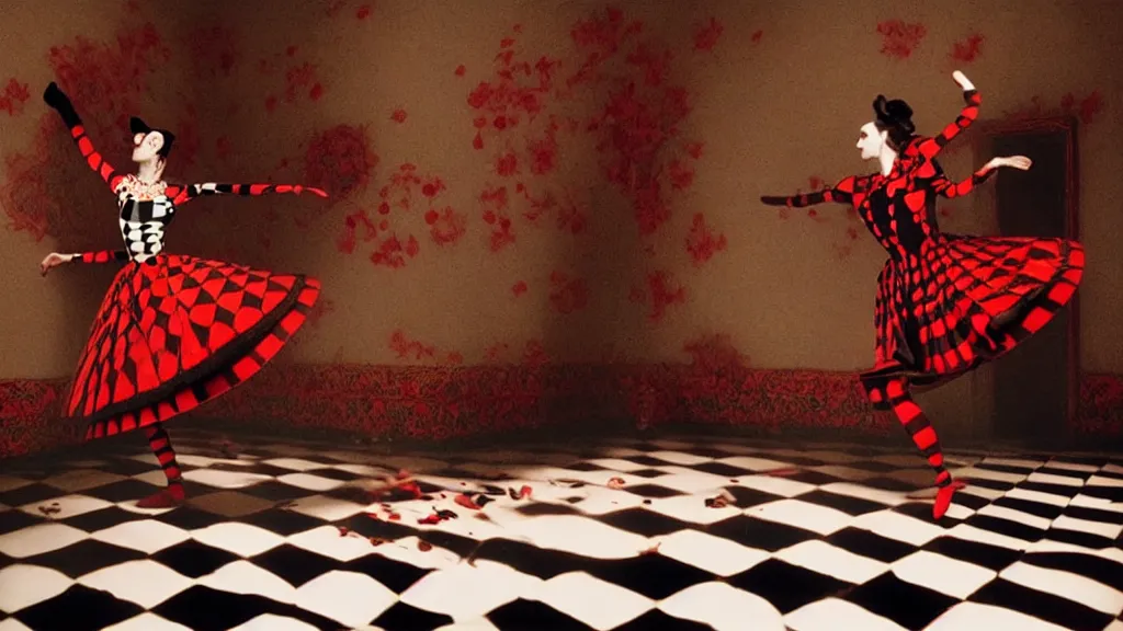 Prompt: a harlequin dances in a checkered red and black tea room inspired by Alice in wonderland, film still from the movie directed by Denis Villeneuve with art direction by Zdzisław Beksiński, wide lens