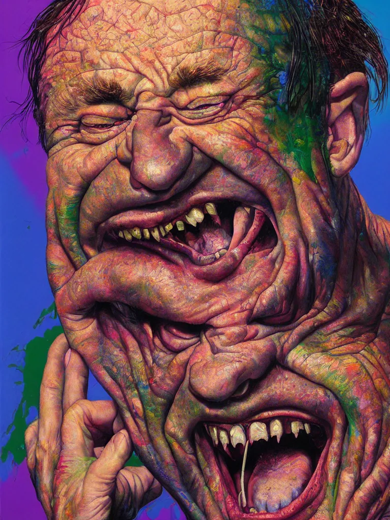 Image similar to hyper realistic painting, head of mark e smith from the fall laughing maniacally, outer glow, by chuck close, lisa frank, simon bisley, and richard corben, very intense, depth of field, depth perception, hyperdetailed, rich deep vivid colours, sharp focus, directional lighting