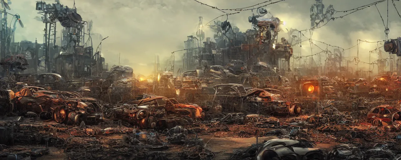 Image similar to an intricate concept art of a robot junk yard behind chainlink fence with warning sign, cinematic, post - apocalyptic, matte painting, concept art, hyper realistic, artstation, deviantart, style by feng zhu and dylan cole, octane render, anime style