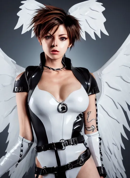 Image similar to portrait artwork of tracer overwatch, wearing white latex and leather straps catsuit outfit, in style of mark arian, angel wings, dramatic painting, wearing detailed leather collar, chains, black harness, detailed face and eyes,