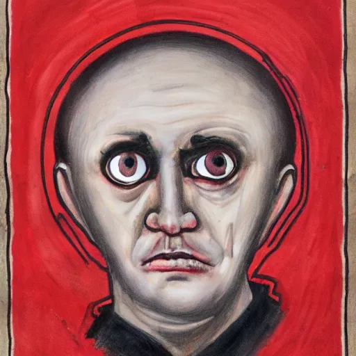 Image similar to portrait of alexander abdulov, with a red eyes, satanic body, head of old man, in blood of sinners, hellish style